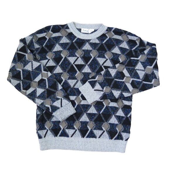 Vintage Geometric Cosby Sweater PROTEGE Men's 80s 90s Gray Black Pullover Dad M - Picture 1 of 8